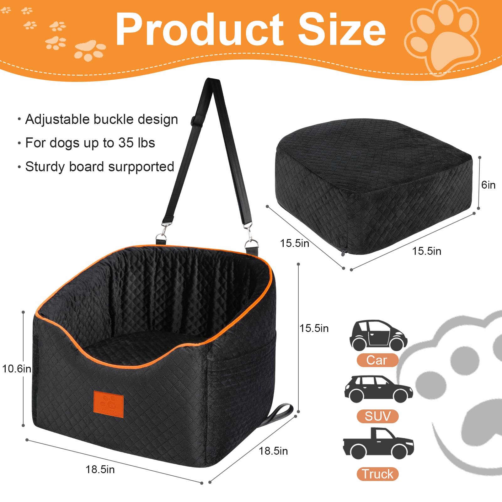 XIEEAOZEE dog car seat side view highlights secure non-slip base and safety tether.