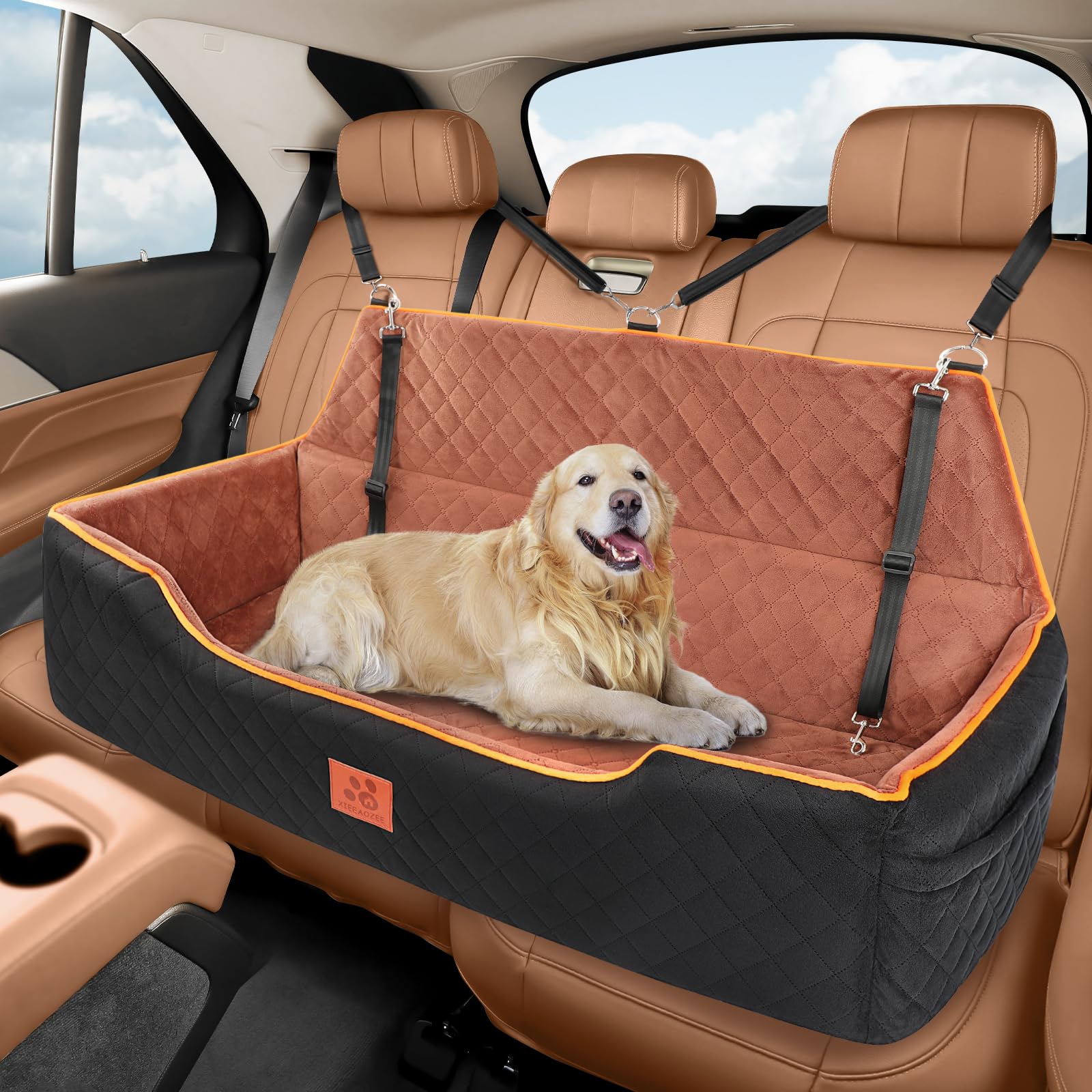 XIEEAOZEE large dog car seat in backseat with dual safety belts for secure travel.
