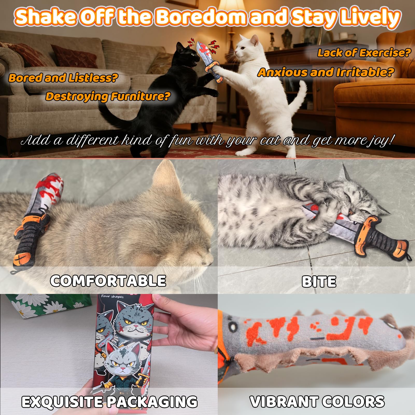 XIFOWE Catnip Toys four-varied-designs offer diverse stimulation for bored cats.