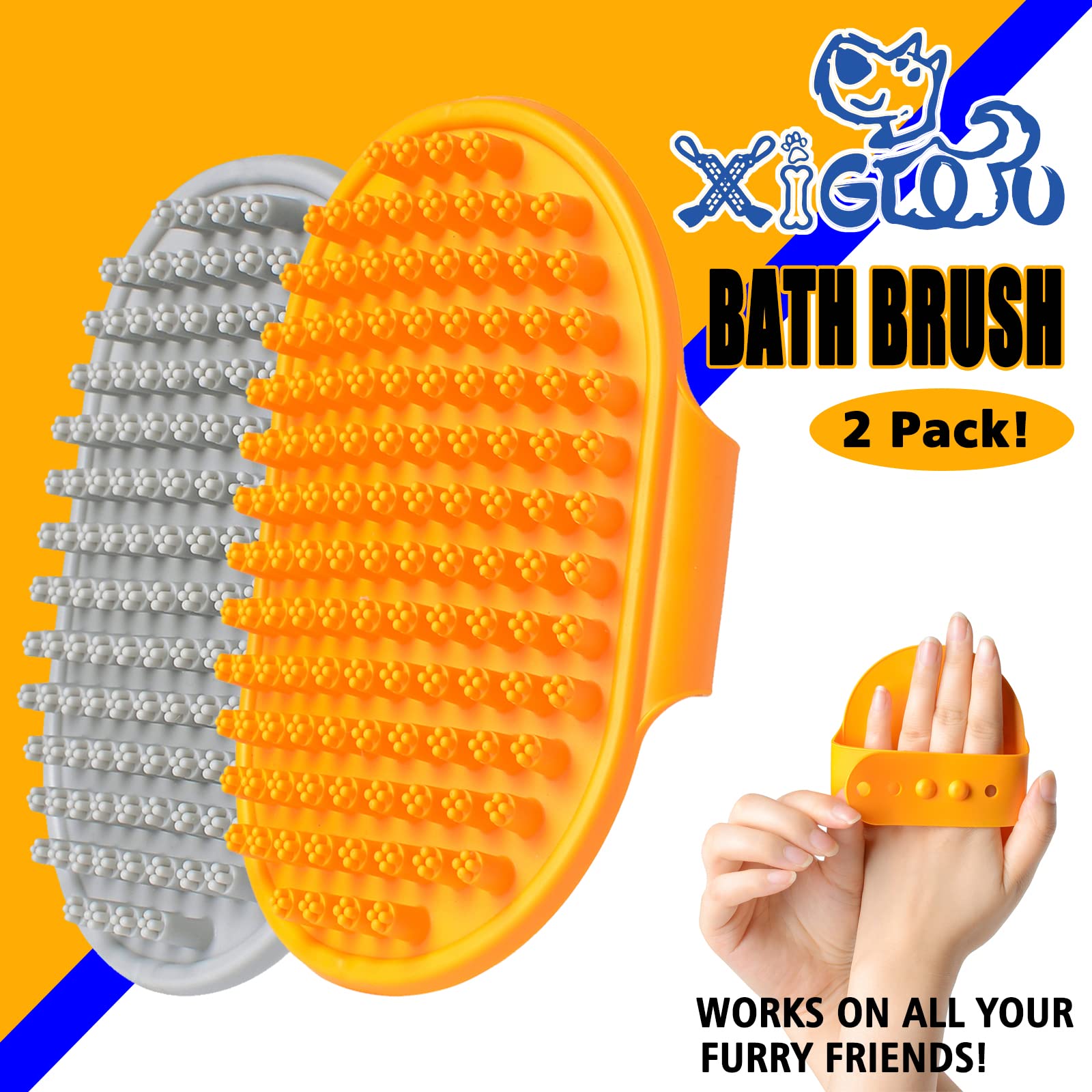 XIGOU dog bath brush adjustable-handle demonstrates comfortable grip for extended grooming