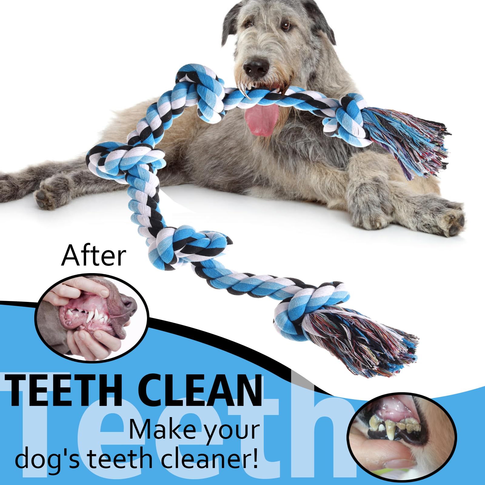 XIGOU teeth-cleaning rope toy demonstrates cotton fibers flossing teeth during chewing