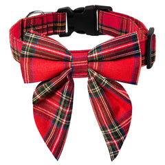 XIGOUPT Christmas dog collar with bowtie in red plaid for festive holiday photos.