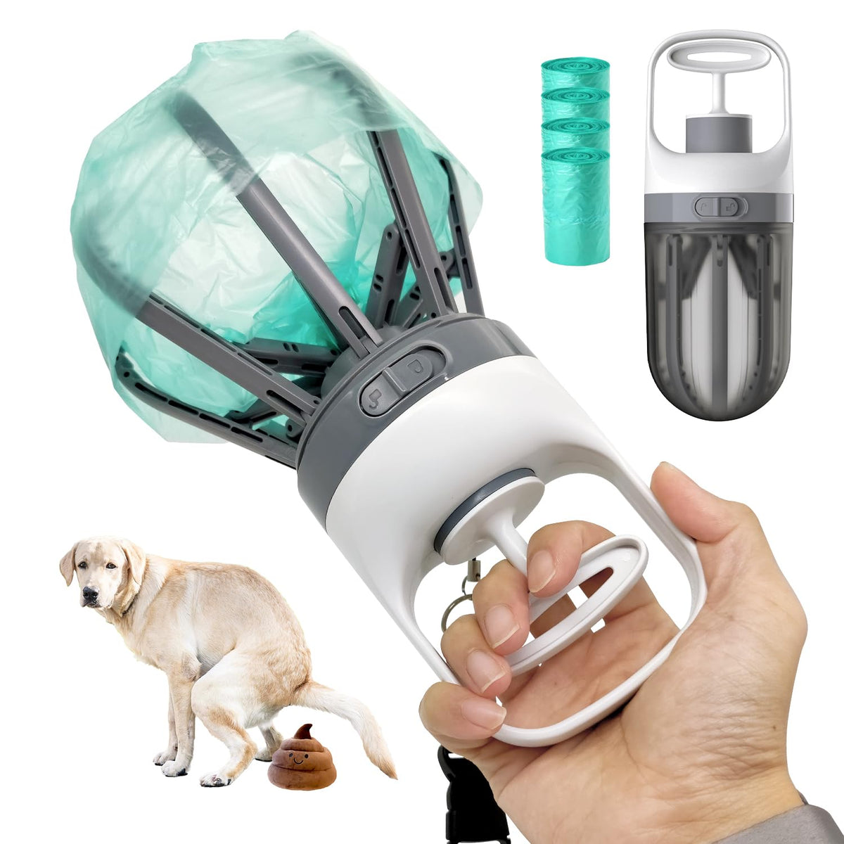 Xinzs Pooper Scooper built-in bag dispenser keeps bags ready for cleanup.