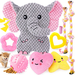 XIUGOAL pink puppy toys 9-pack offers varied play objects for enrichment and teething-friendly entertainment.