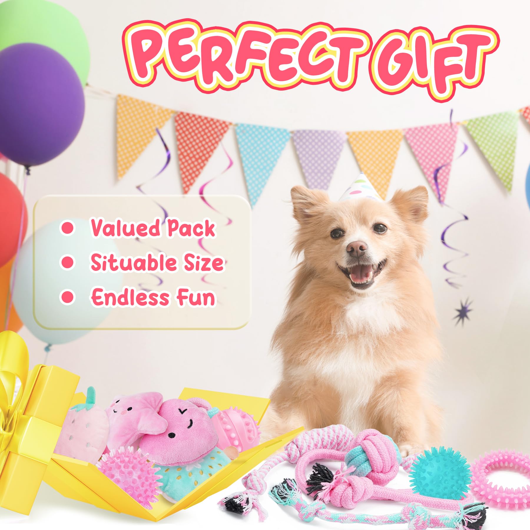 XIUGOAL pink-puppy-toys-pack-closeup shows varied textures for small breeds