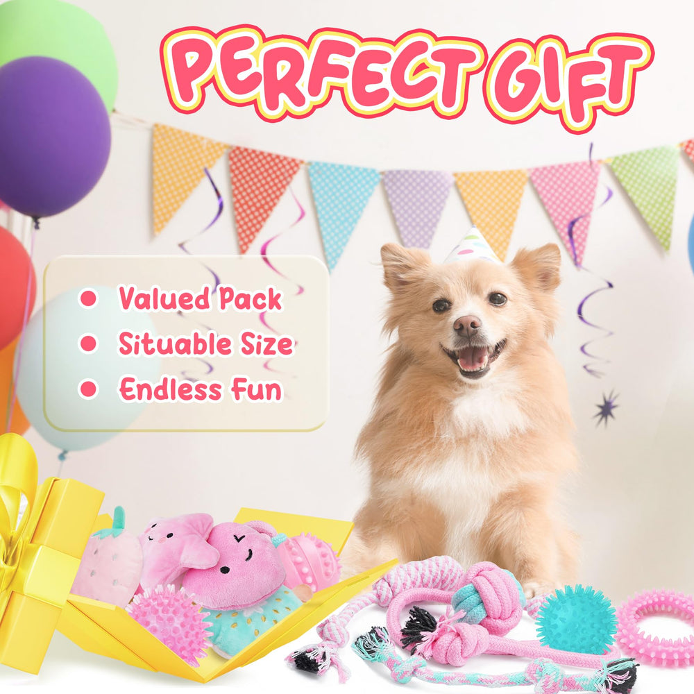 XIUGOAL pink-puppy-toys-pack-closeup shows varied textures for small breeds