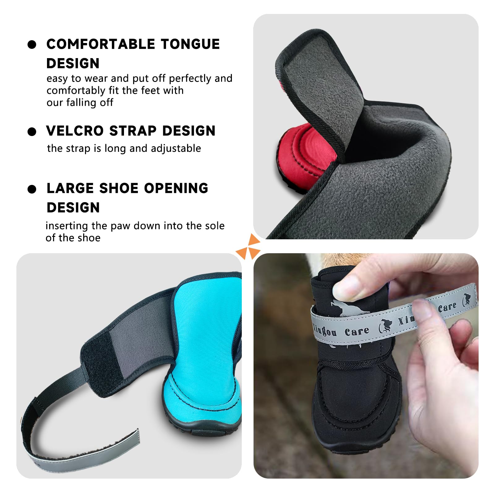 Xiugou Care dog shoes reflect strip for enhanced night visibility.