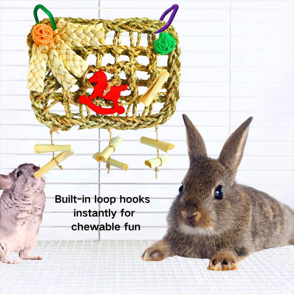 XLpeixin bunny cage hanging toy—seagrass and bamboo textures encourage chewing and exploration.