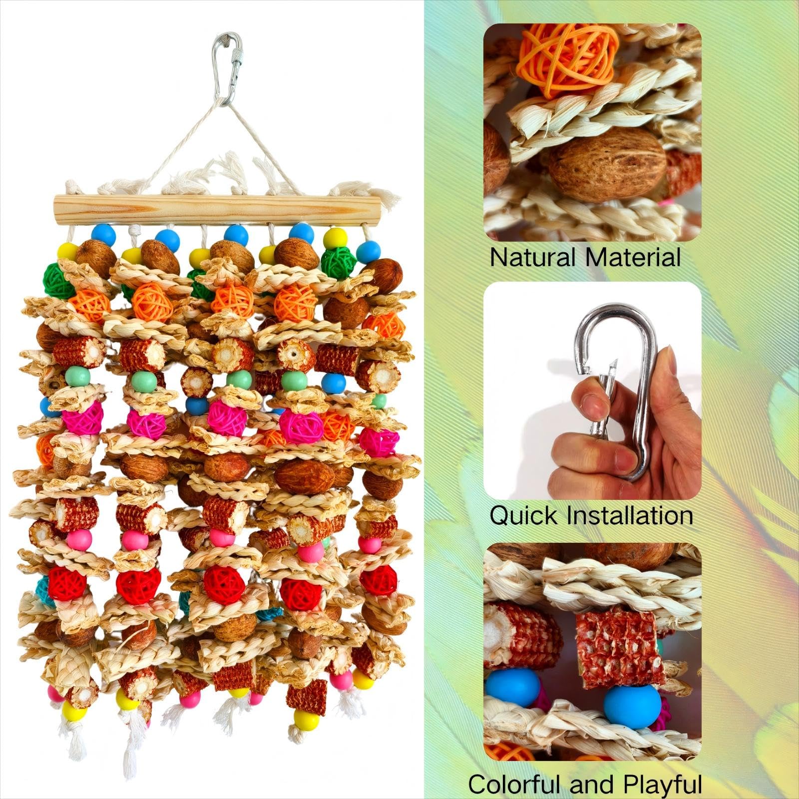 XLpeixin macaw-cockatoo-toy-hanging demonstrates easy installation with a secure safety buckle.