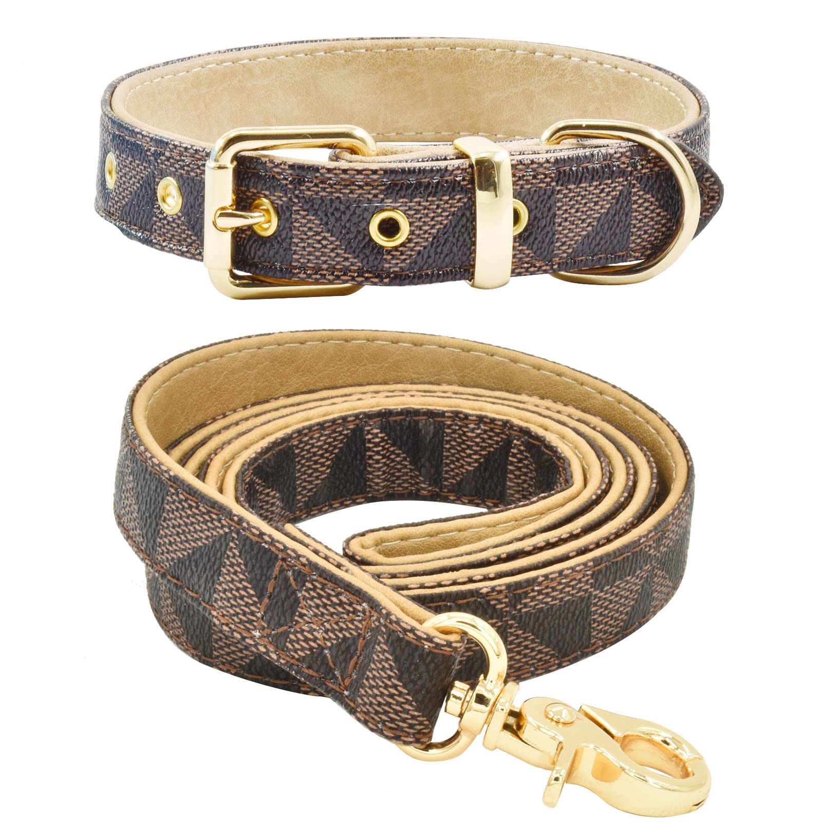 XPangle leather collar in check pattern brown showing durable stitching for daily wear.
