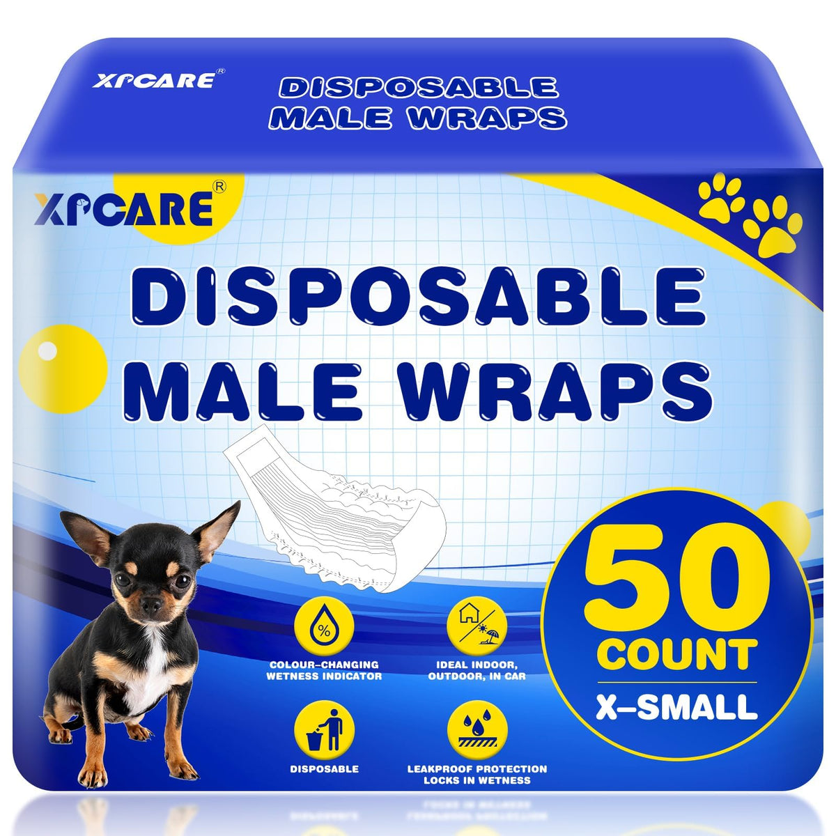 XPCARE disposable male dog diapers XS pack shows a 50-count box for convenient, mess-free outings.