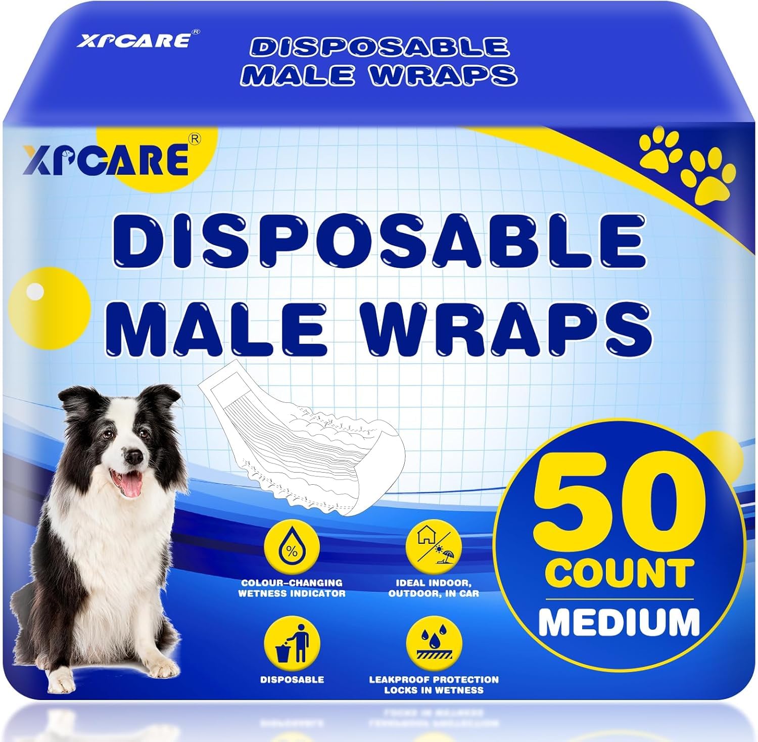 XPCARE dog diapers packaging shows easy-use disposable wraps for medium dogs and travel.