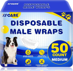 XPCARE dog diapers packaging shows easy-use disposable wraps for medium dogs and travel.