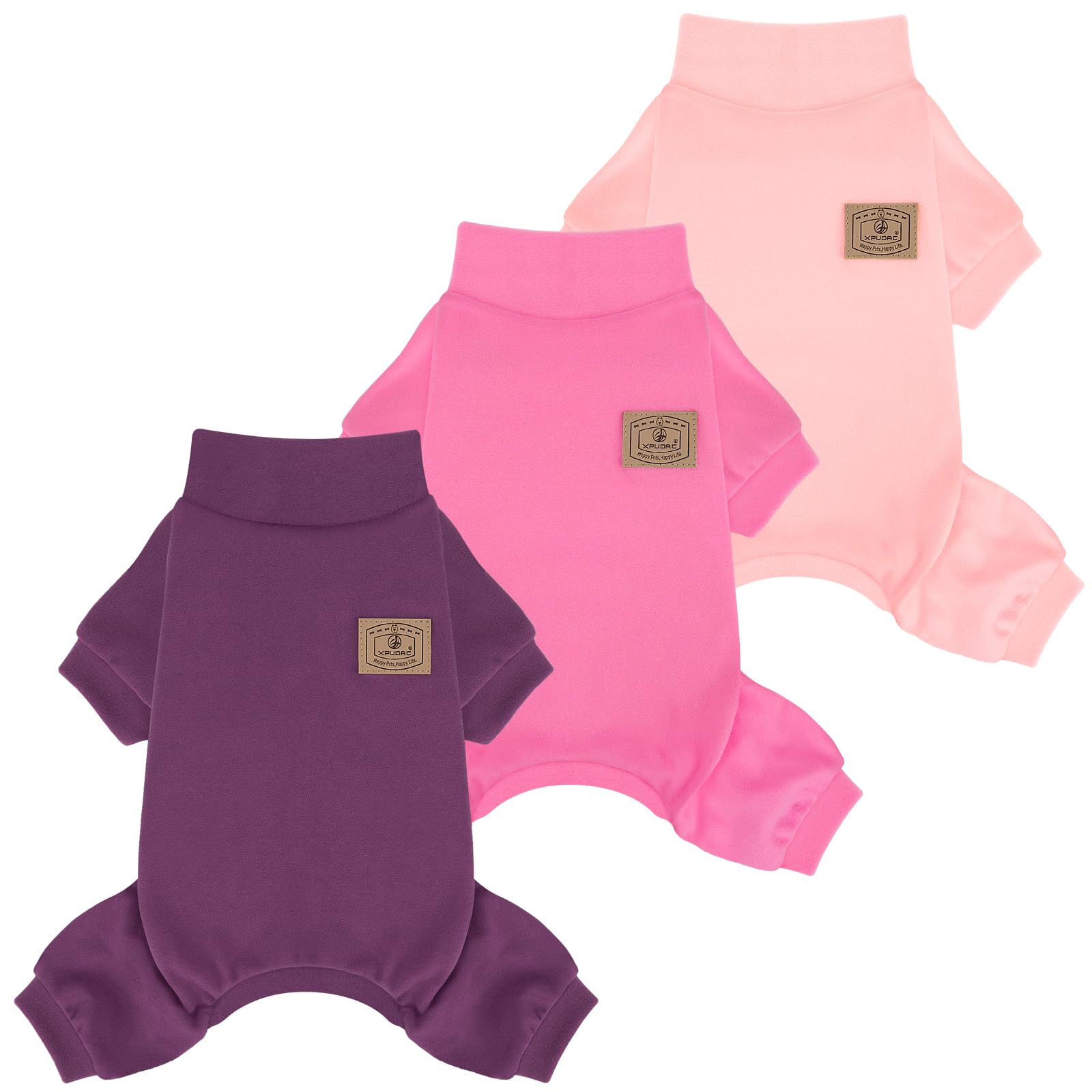 XPUDAC 3pack fleece dog pajamas front view shows cozy warmth for small to medium dogs.