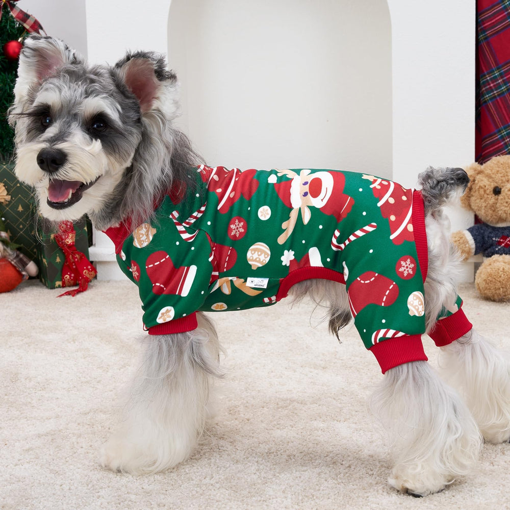 XPUDAC Christmas dog pajamas back view highlighting snug fit underbelly elastic.