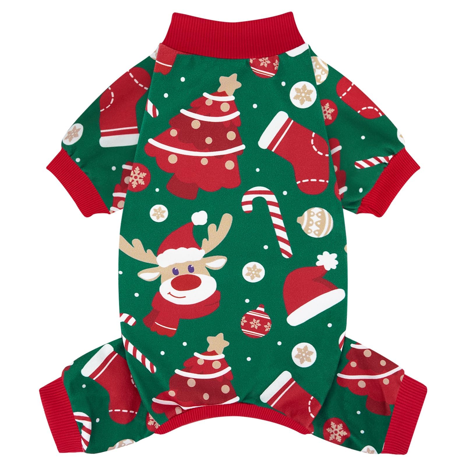 XPUDAC Christmas dog pajamas front view in red and green for festive comfort.