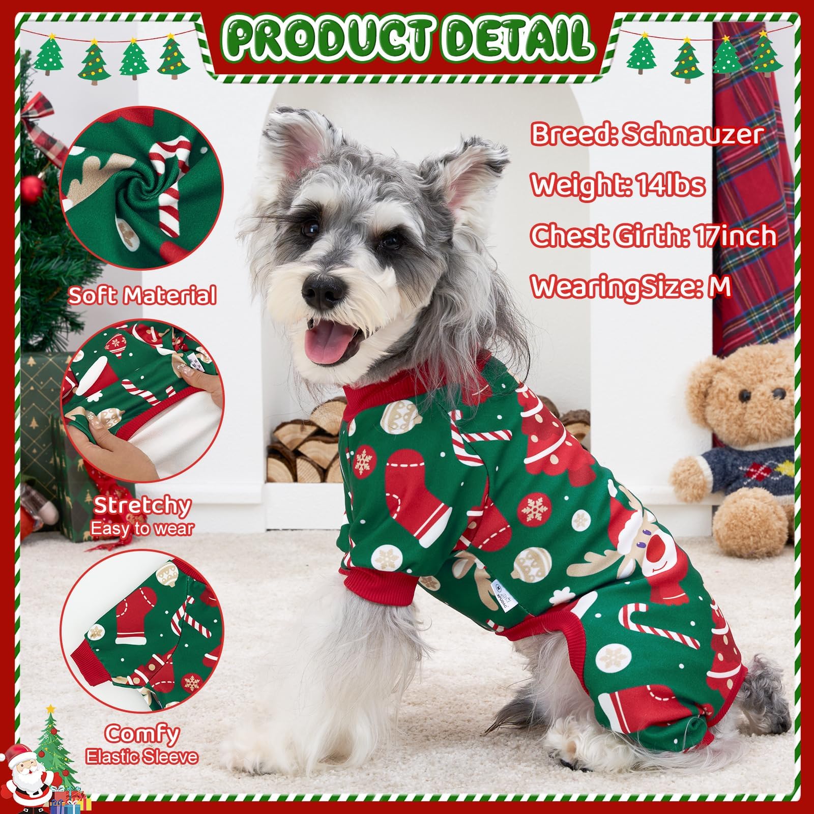 XPUDAC Christmas dog pajamas pattern closeup showing cozy reindeer and trees.