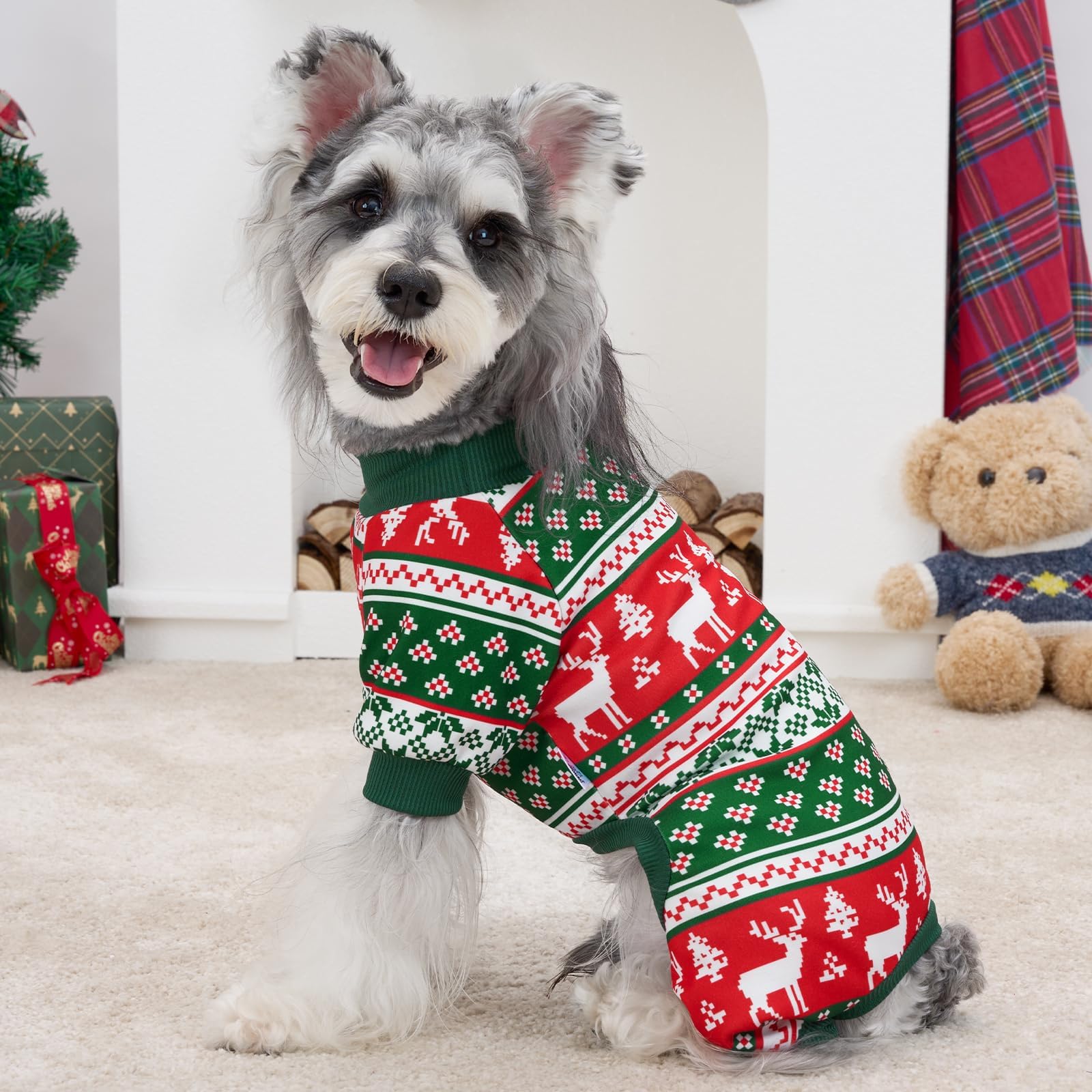 XPUDAC dog Christmas pajamas higher belly cut for easy potty breaks.