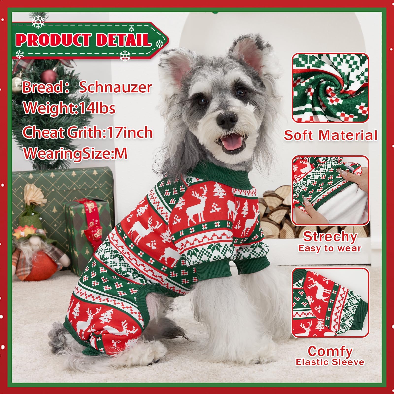 XPUDAC dog Christmas pajamas chest-pattern close-up for holiday print detail and cozy warmth.