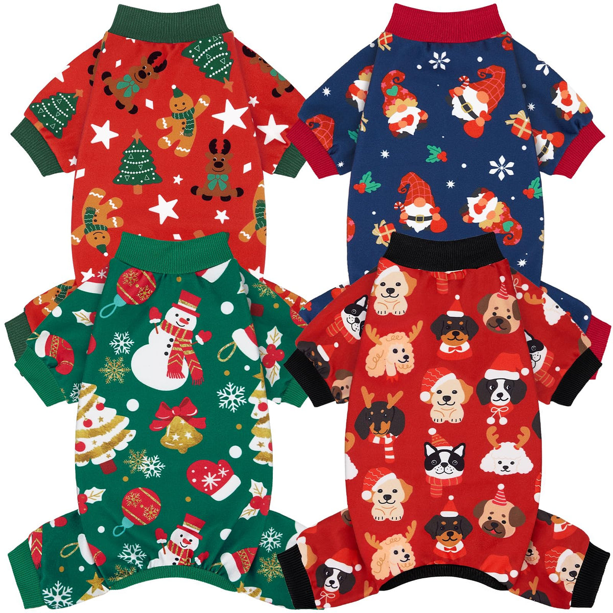 XPUDAC dog Christmas pajamas four-pack packshot showcases cozy holiday wear for pets.