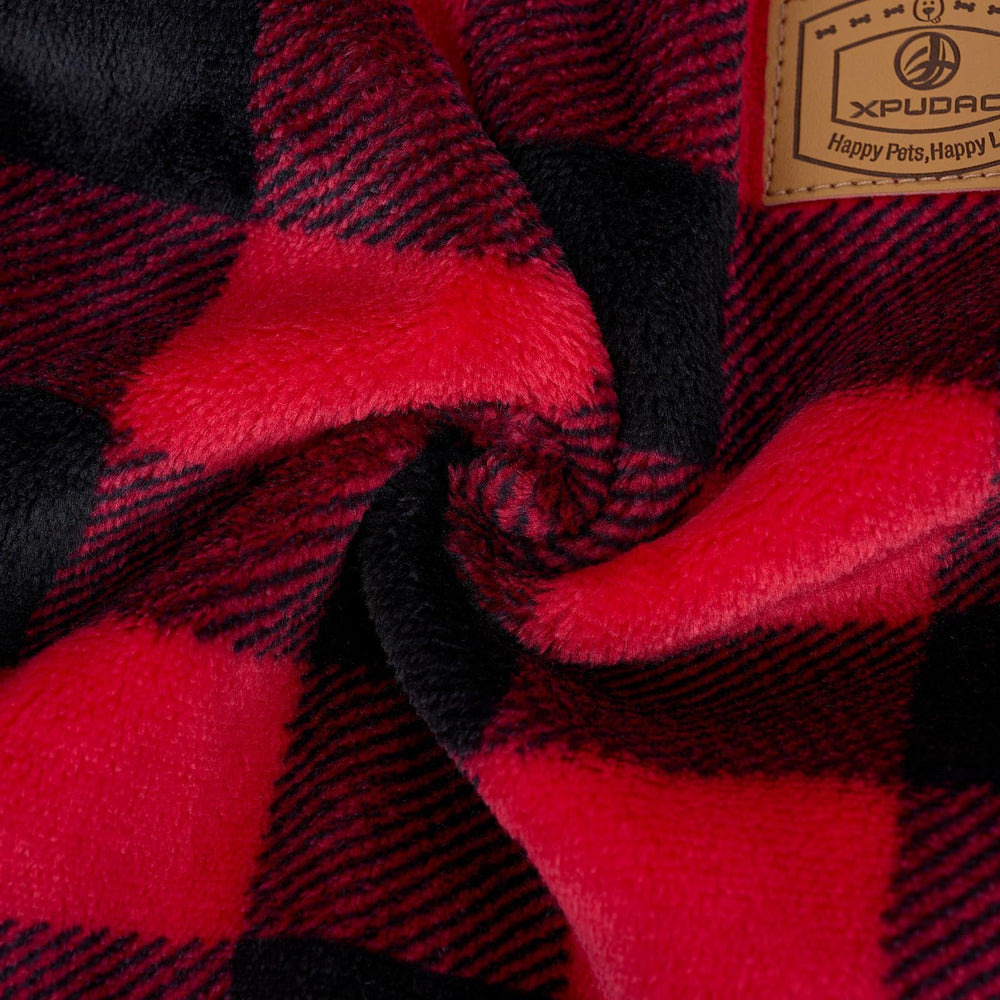 XPUDAC dog Christmas sweater plaid front view highlights festive style and snug fit.