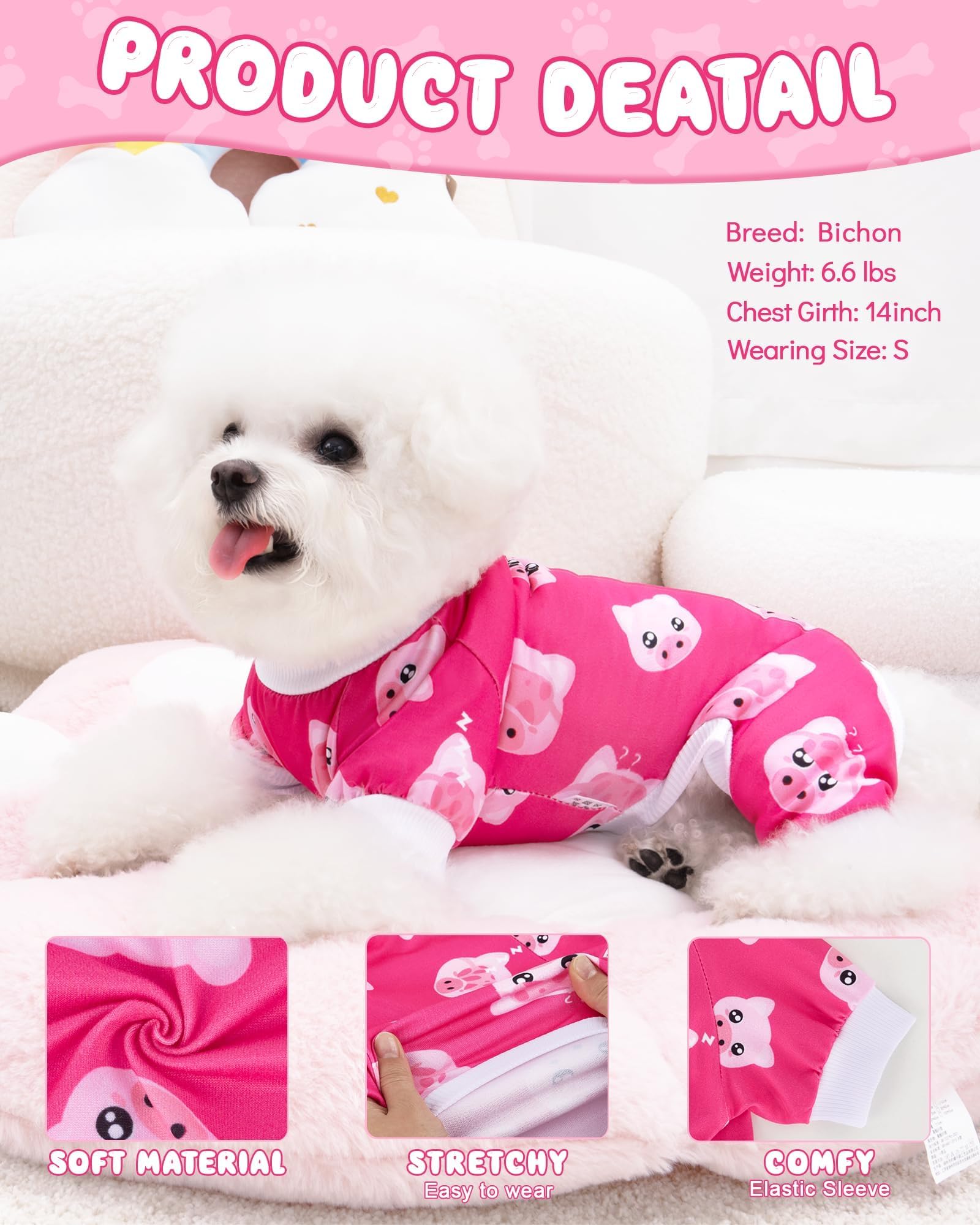 XPUDAC dog pajamas front view highlights cute pig pattern and snug pull-on design.
