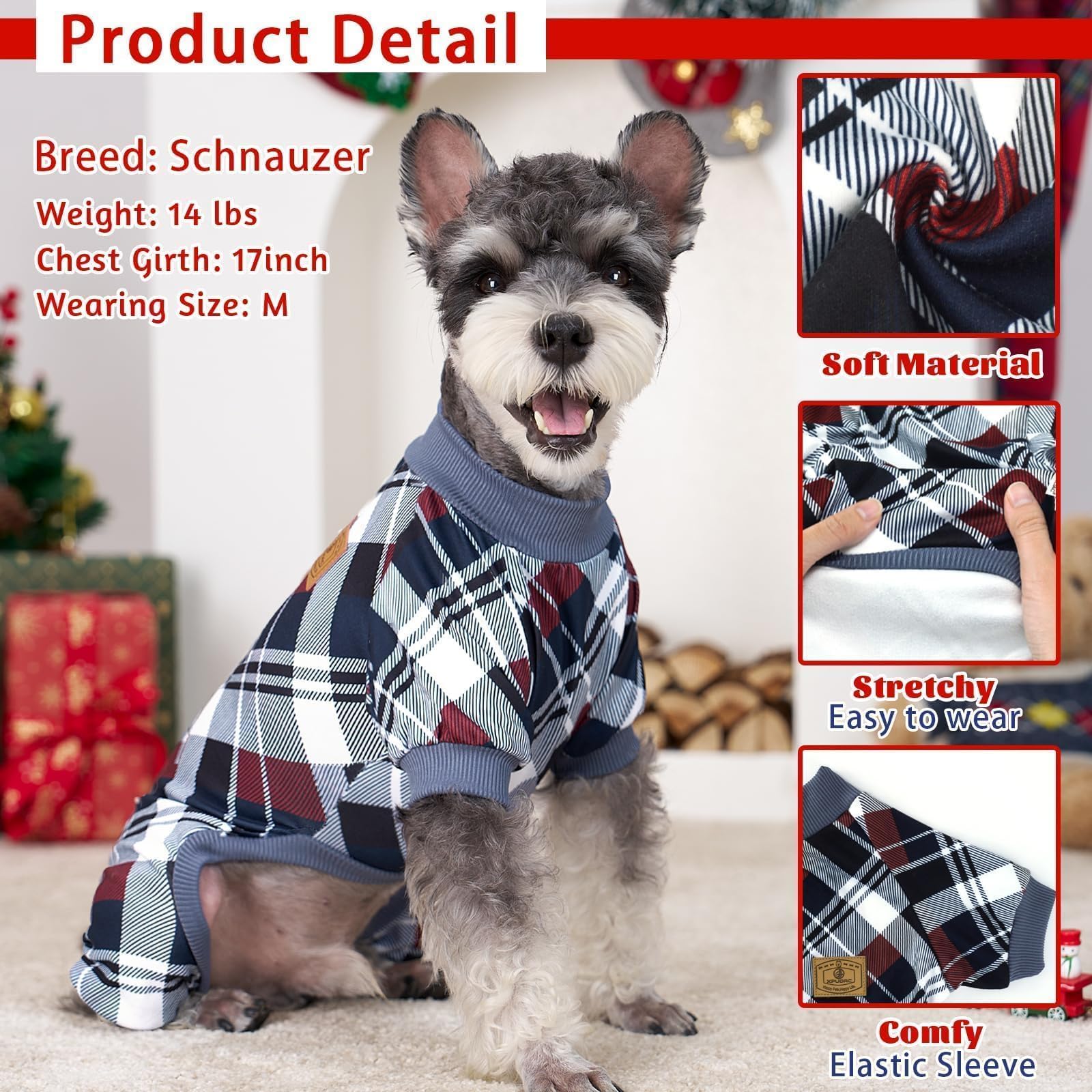 XPUDAC beige plaid dog pajamas back view showcasing four-leg design and elastic underbelly