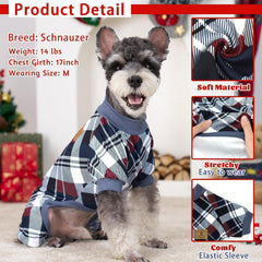 XPUDAC beige plaid dog pajamas back view showcasing four-leg design and elastic underbelly