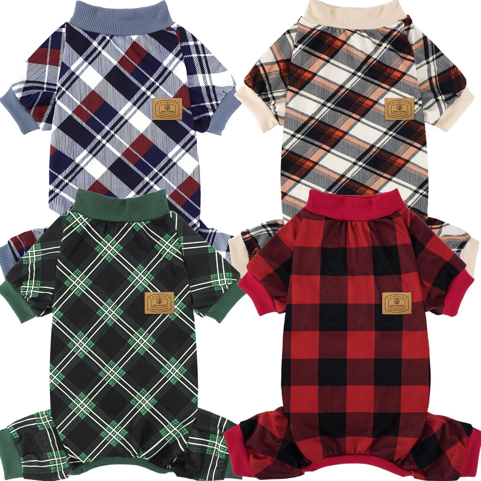 XPUDAC dog pajamas plaid red front view for festive warmth and easy wear