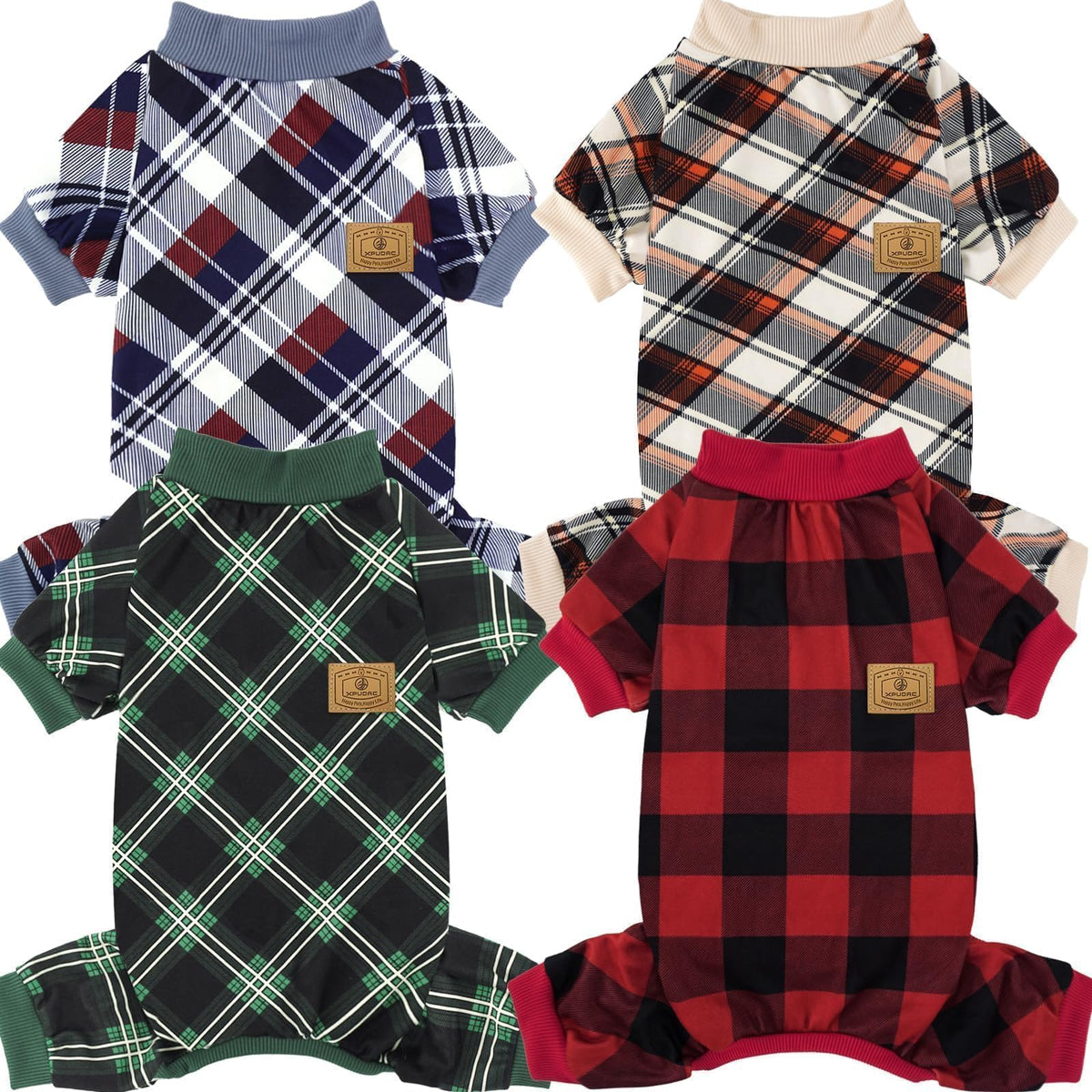 XPUDAC dog pajamas plaid red front view for festive warmth and easy wear