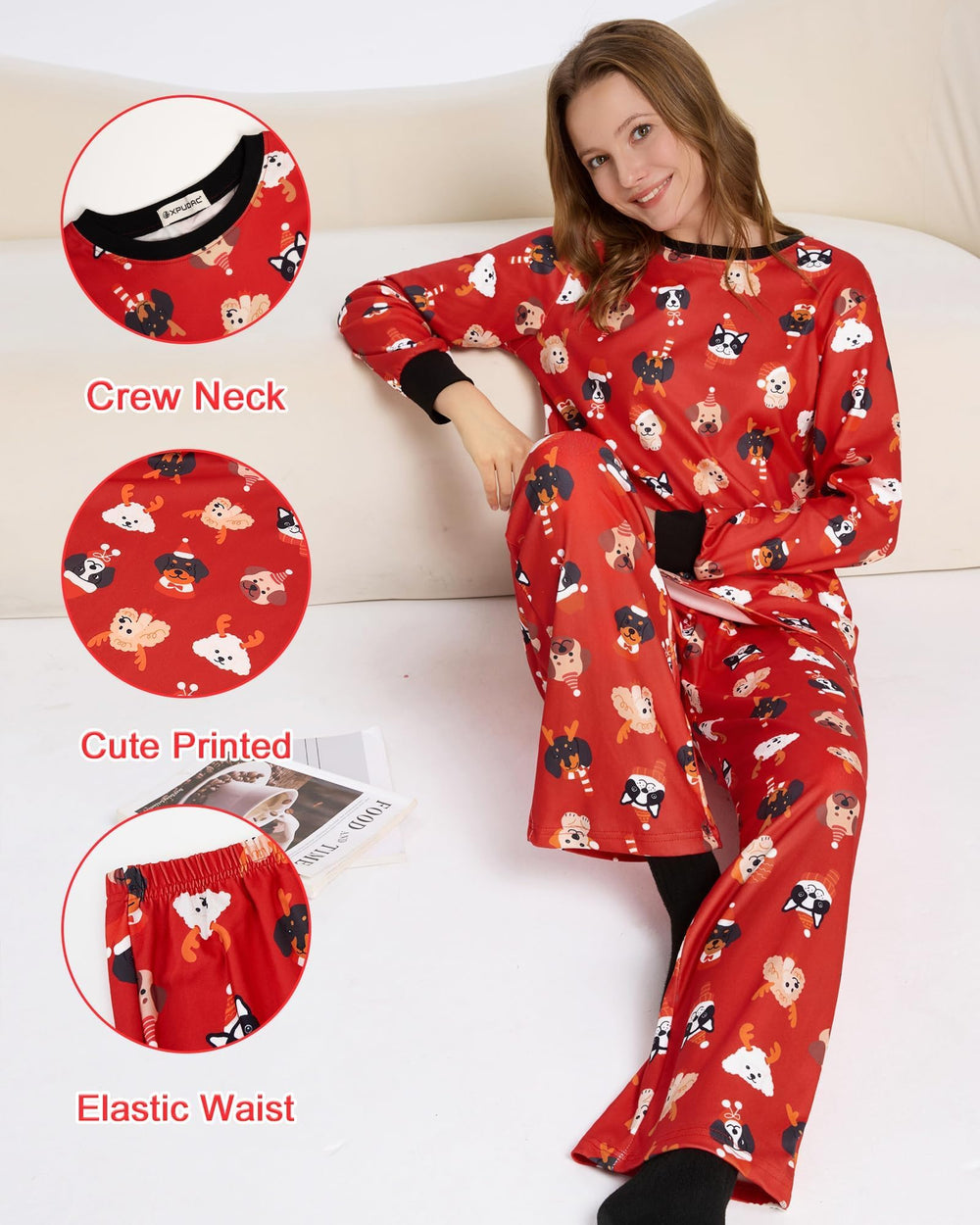 XPUDAC dog print Christmas decorations detail on top for festive vibe.