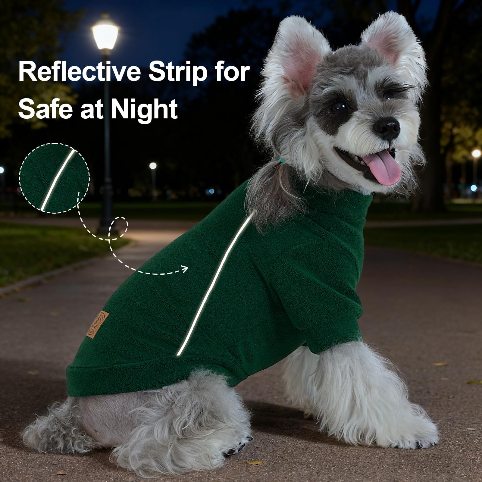 XPUDAC dog sweater reflective-trim side view demonstrates safety during dusk strolls.