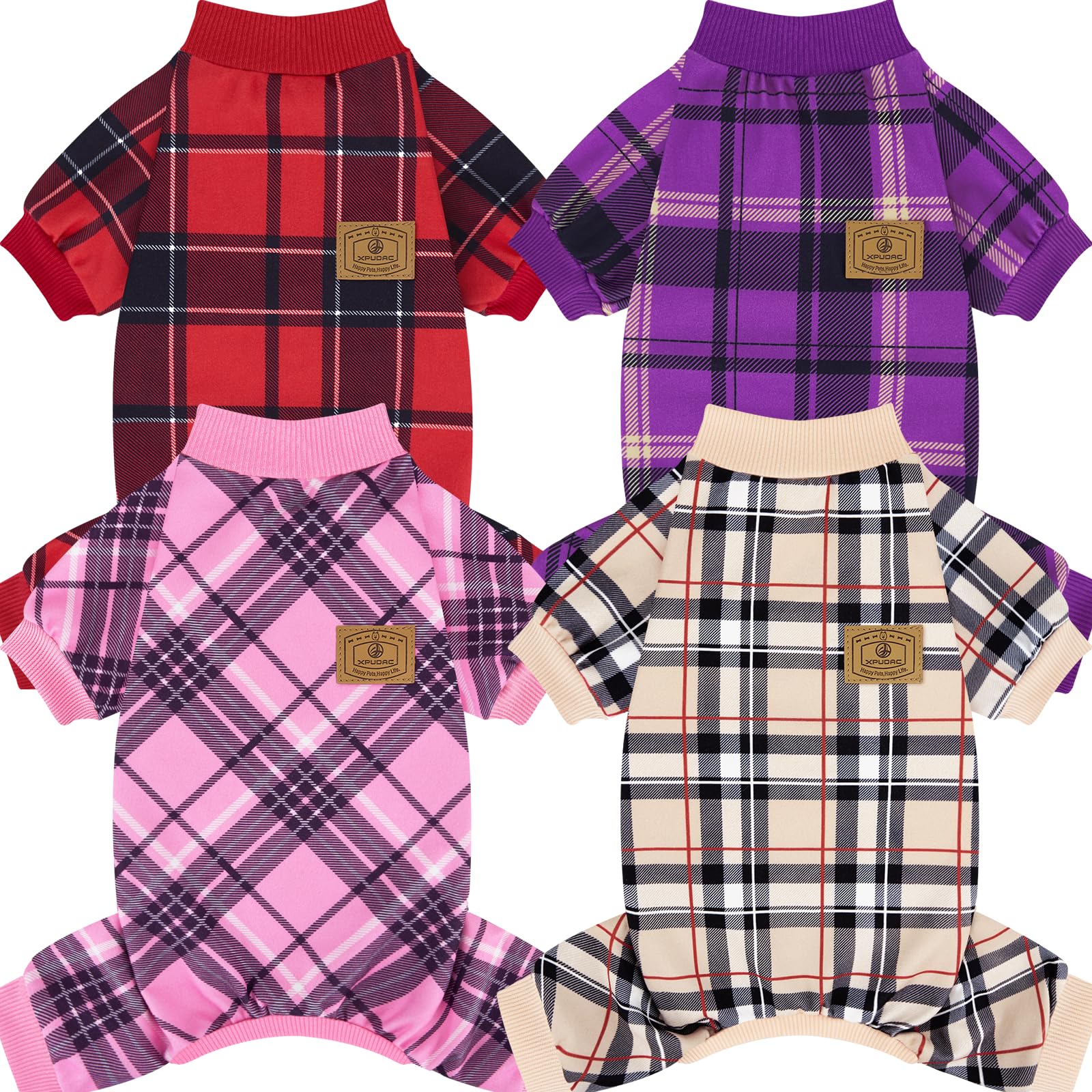 XPUDAC plaid dog pajamas four-pack display for versatile everyday and holiday wear