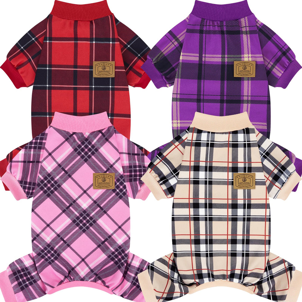 XPUDAC plaid dog pajamas four-pack display for versatile everyday and holiday wear