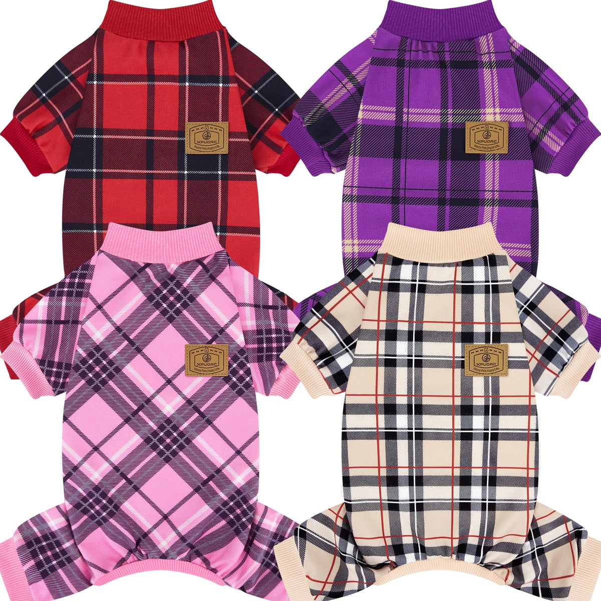 XPUDAC plaid dog pajamas four-pack display for versatile everyday and holiday wear