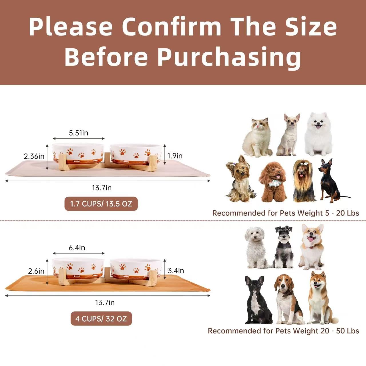 XRBEOU ceramic puppy bowls—1.7 cup capacity—for small dogs and cats with measured portions.