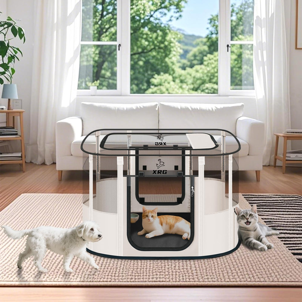 XRG playpen breathability with mesh windows for improved airflow and visibility.
