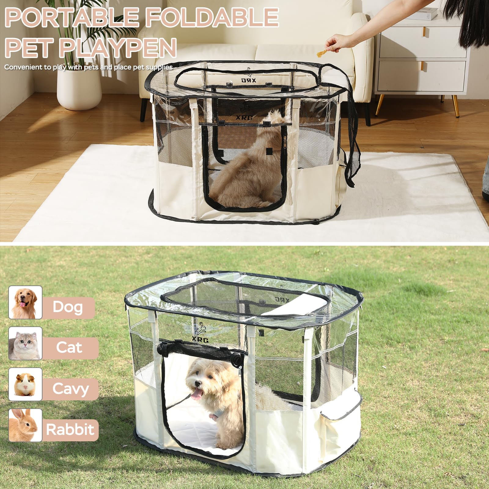 XRG dog playpen folds to a compact, portable travel companion.
