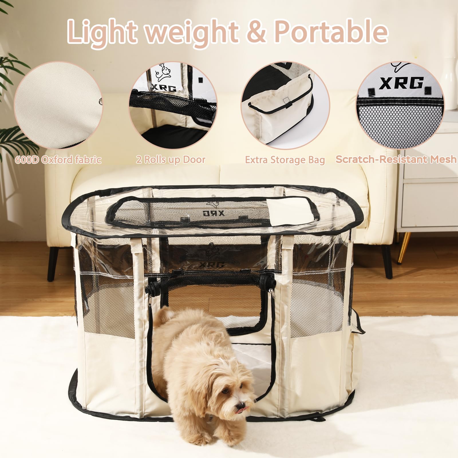 XRG playpen side-pocket storage keeps small essentials close.