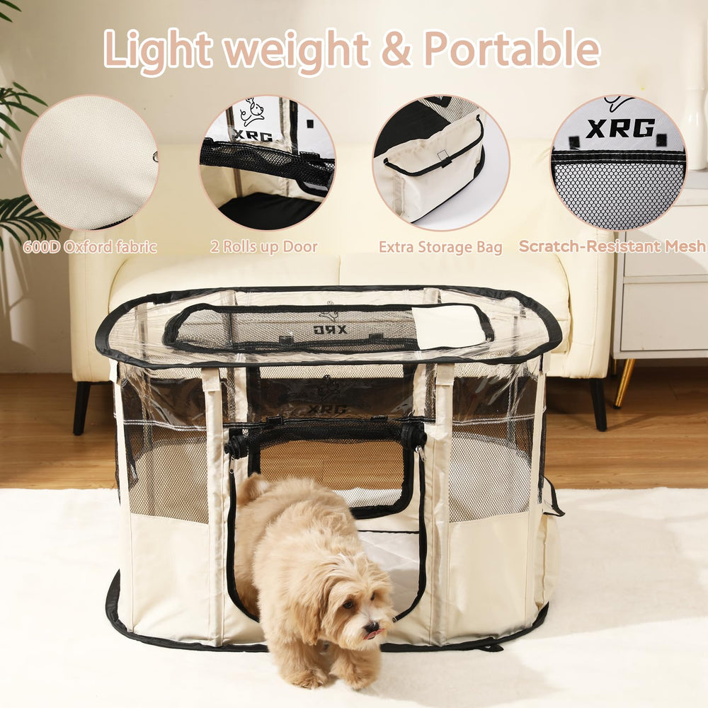 XRG playpen side-pocket storage keeps small essentials close.