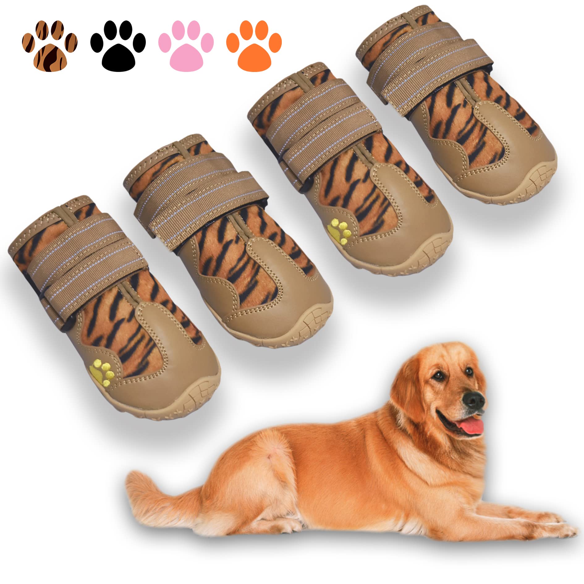 XSY&G dog boots leopard front view showing waterproof exterior for rainy walks