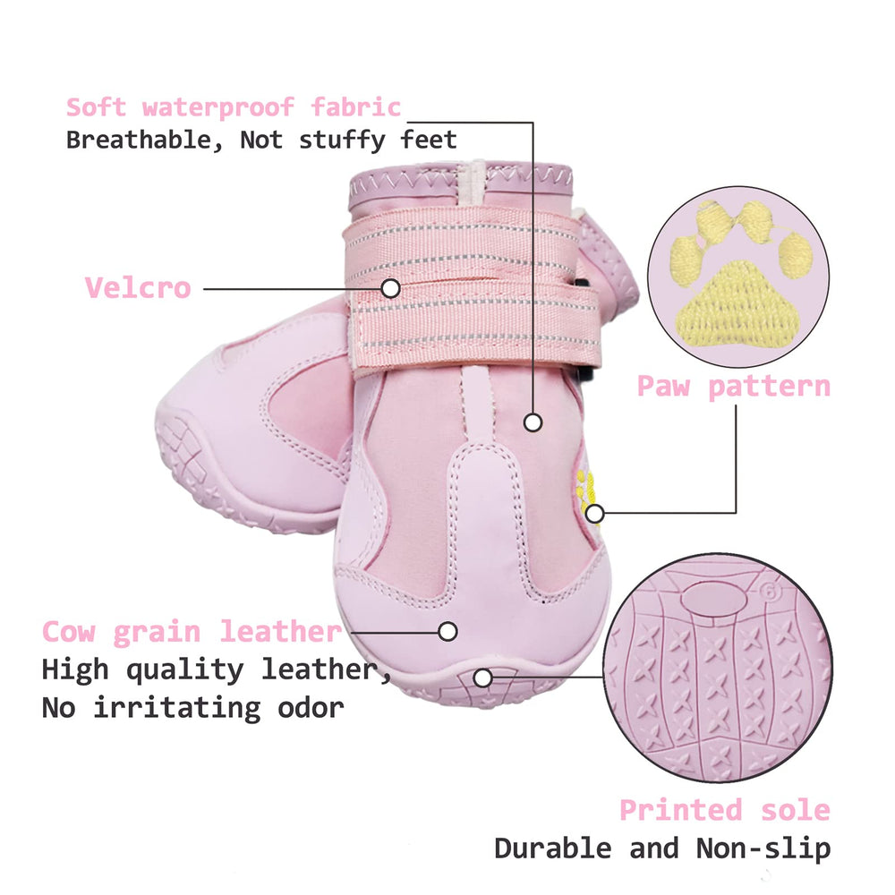 XSY&G dog boots pink size 3 on chart shows adjustable straps for secure fit.