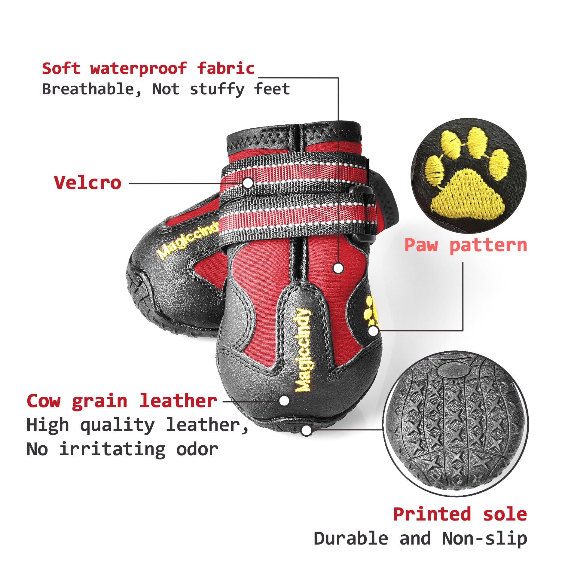 XSY&G dog boots red size 3 reflective straps close-up for night visibility.