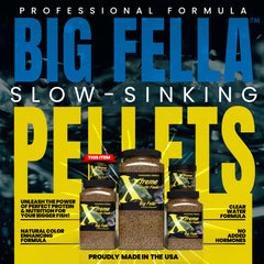 Xtreme Aquatic Foods Big Fella 3mm pellets bottle shows USA-made nutrition.