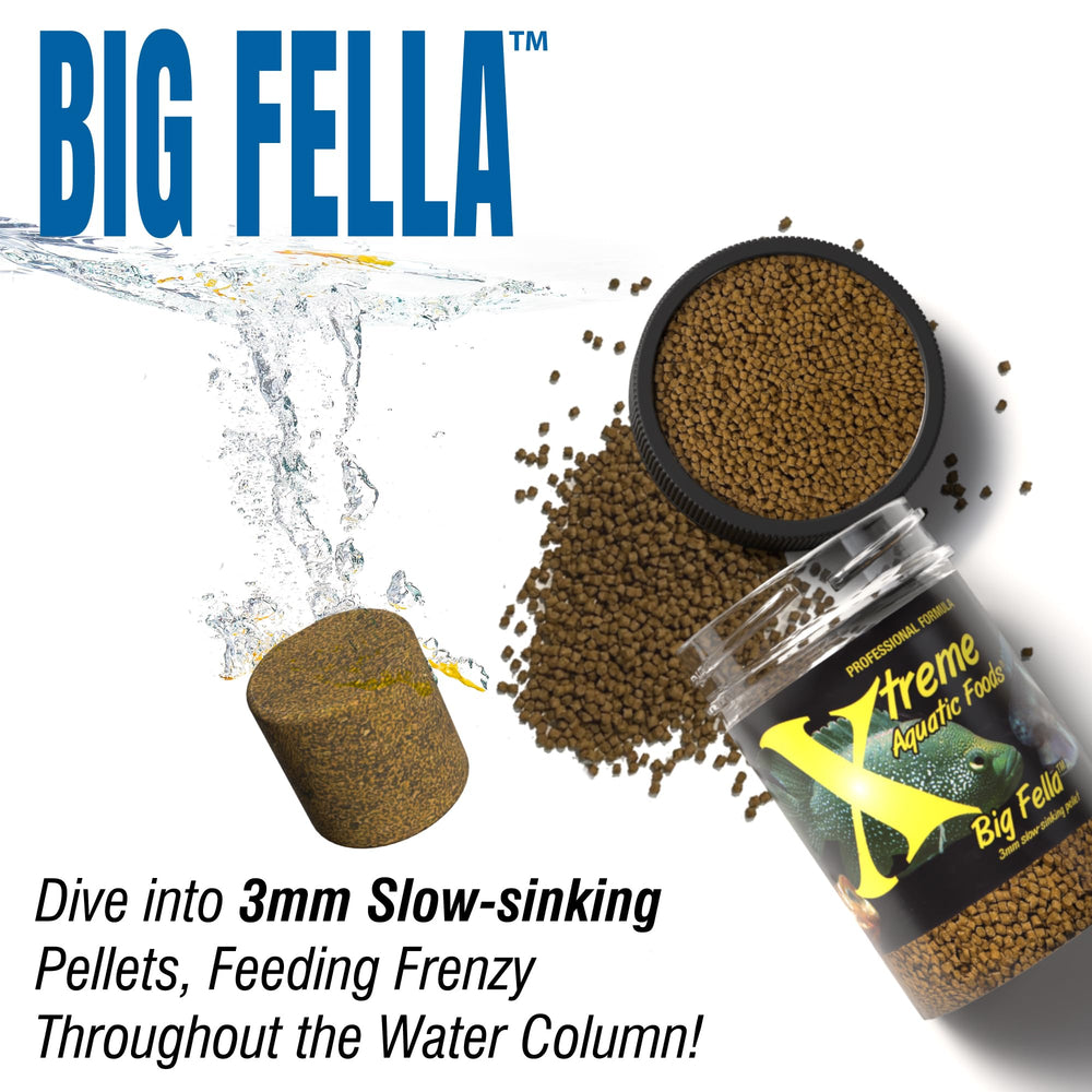 Xtreme Aquatic Foods Big Fella 3mm pellets promote natural color in cichlids.