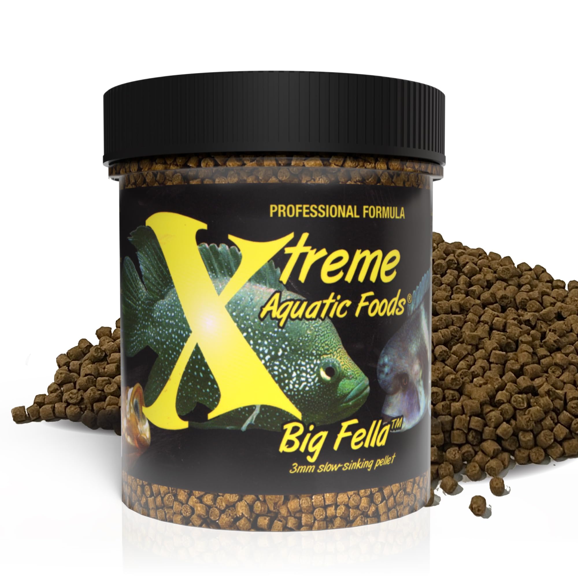 Xtreme Aquatic Foods Big Fella 3mm pellets packaging for premium large-fish nutrition.