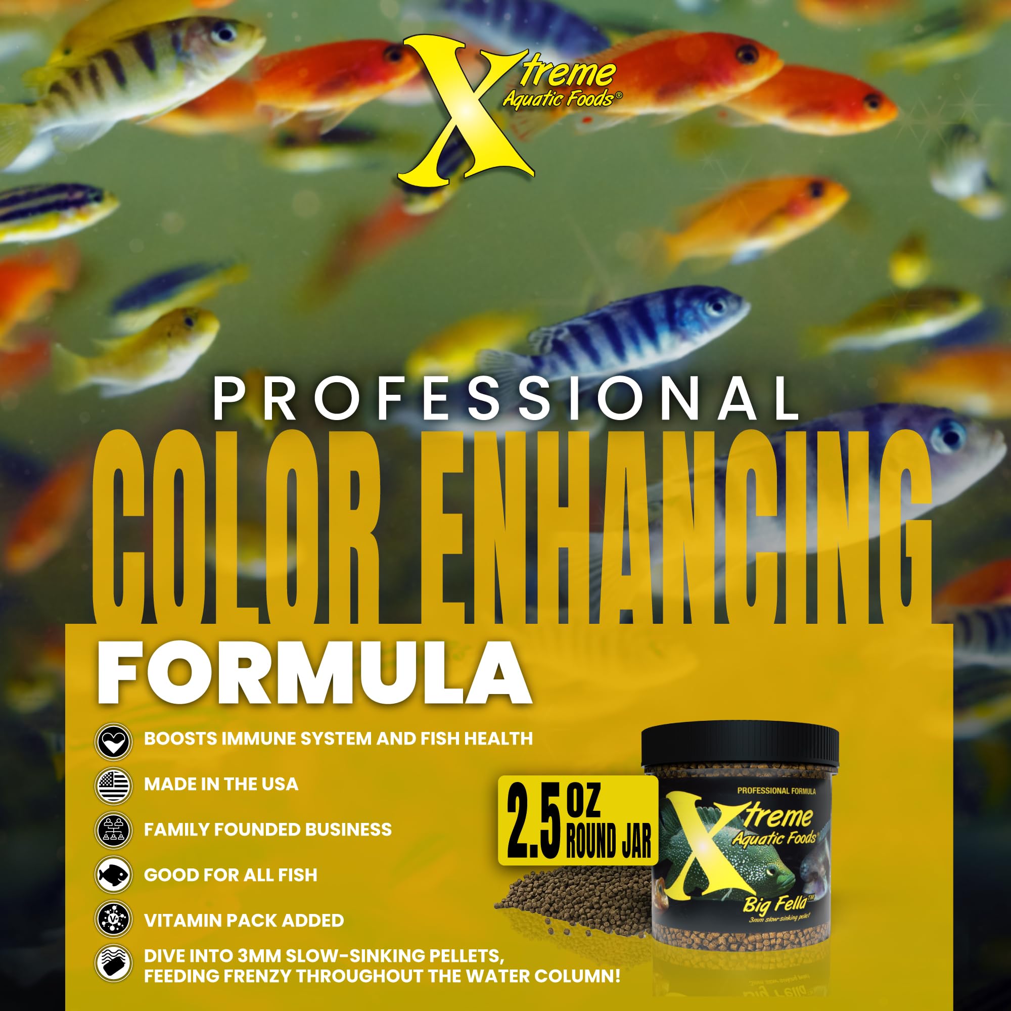 Xtreme Aquatic Foods Big Fella 3mm pellets designed for USA farm-grown production.