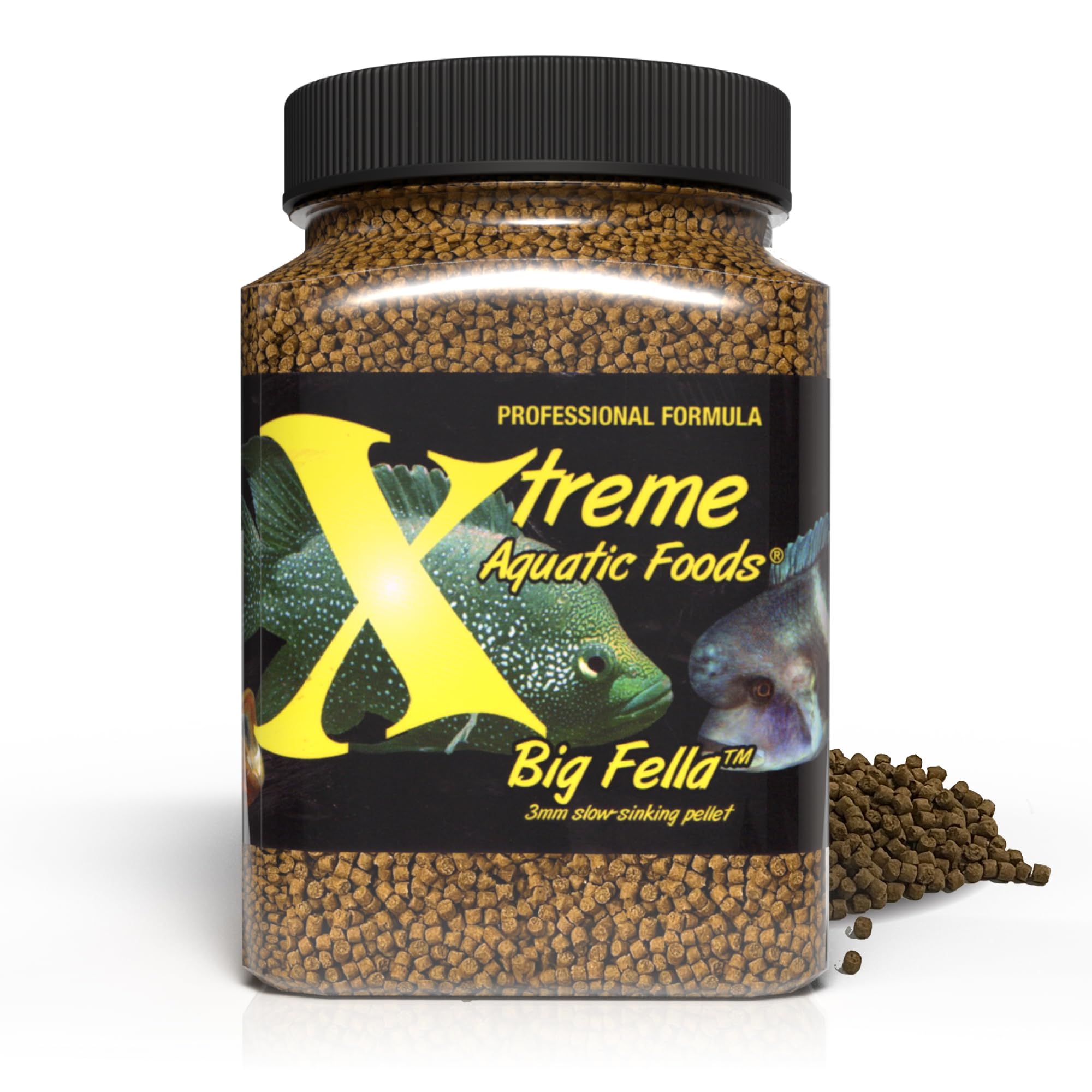 Xtreme Aquatic Foods Big Fella packaging highlights USA-made nutrition for robust growth in large cichlids
