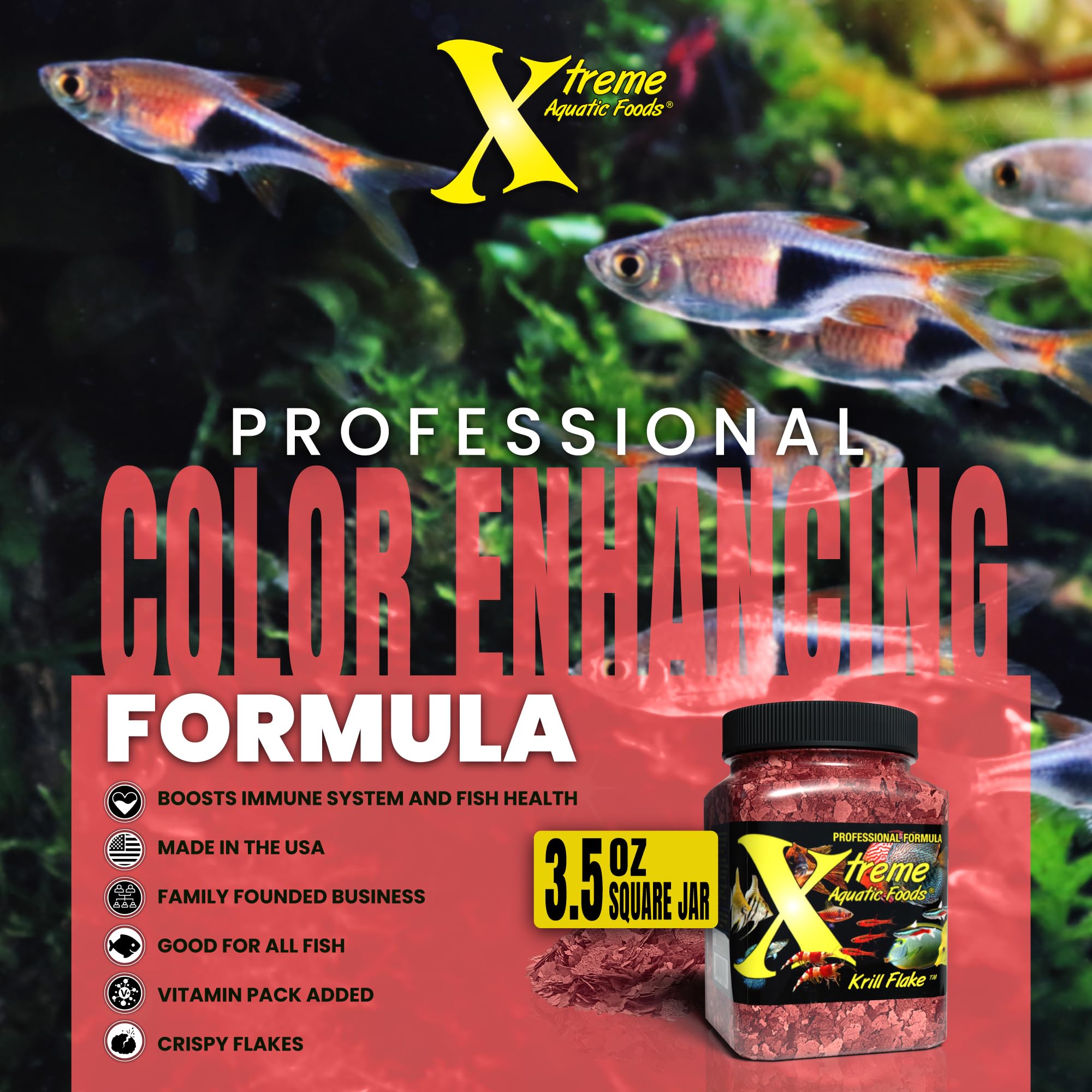 Xtreme Aquatic Foods Krill Flakes image highlights color and energy benefits for freshwater fish.