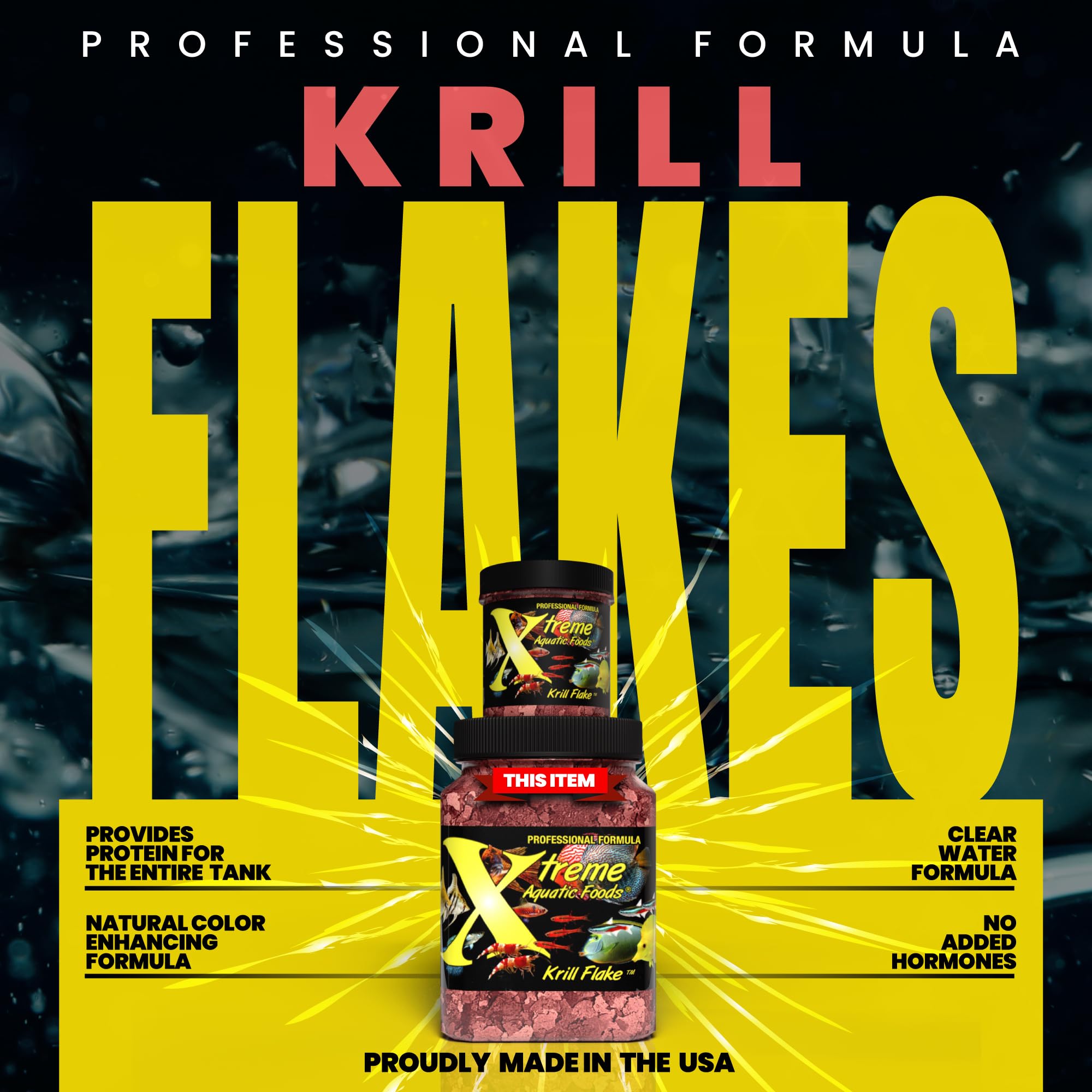 Xtreme Aquatic Foods Krill Flakes ingredients highlight krill and shrimp for complete nutrition.
